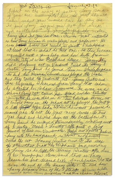 Moe Howard's Handwritten Manuscript Page When Writing His Autobiography -- Moe Discloses Details About Larry & ''how Larry became one of The 3 Stooges'' -- Two Pages on One 8'' x 12.5'' Sheet